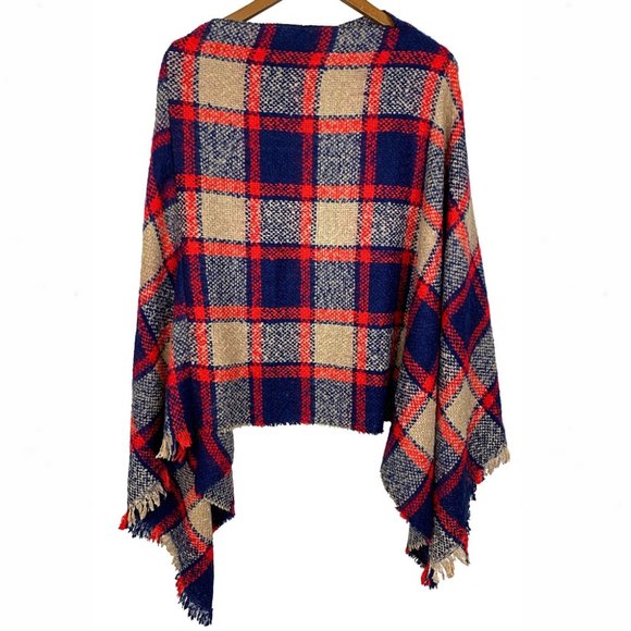 Navy Chic Plaid Fringed Blanket Poncho Sweater - Picture 4 of 8